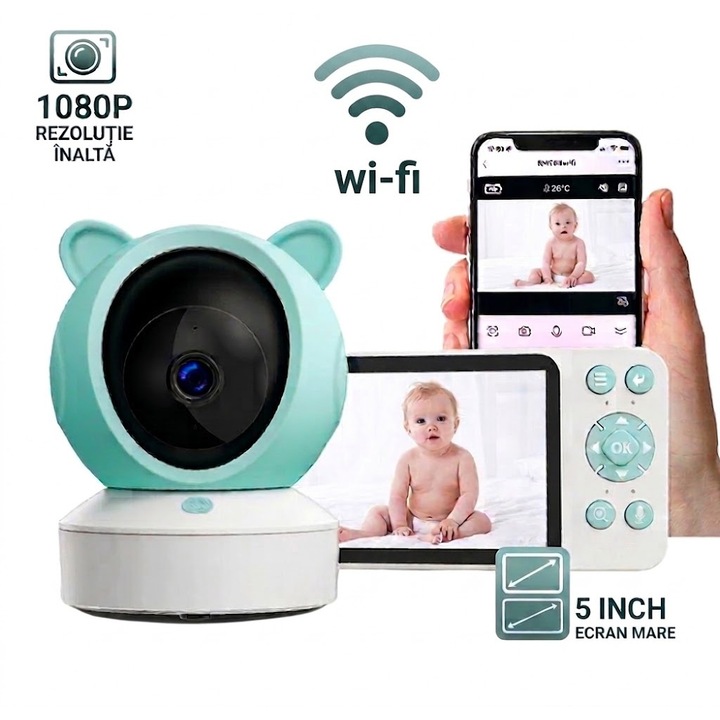 Bébiőr 2in1 STELAMOS, Több nézet, DUO 5", WiFi, Tuya Telefon Alkalmazás, Bébi Videókamera, Éjjellátó, 355°-os Forgatás, 3000mAh, 4X Zoom, Mozgás, Sírás, Hőmérséklet, Páratartalom Érzékelők, 8 Dal, Kétirányú Audio, Intercom, Hívás, Zöld/Fehér