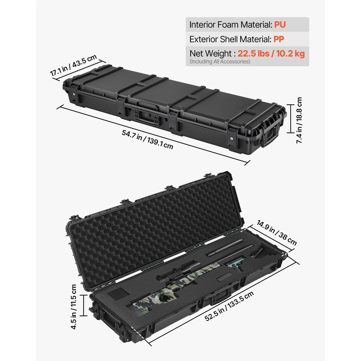 Geanta pentru arme, rezistenta la apa si praf, negru, 54.7x17.1in, cu spuma personalizabila si roti