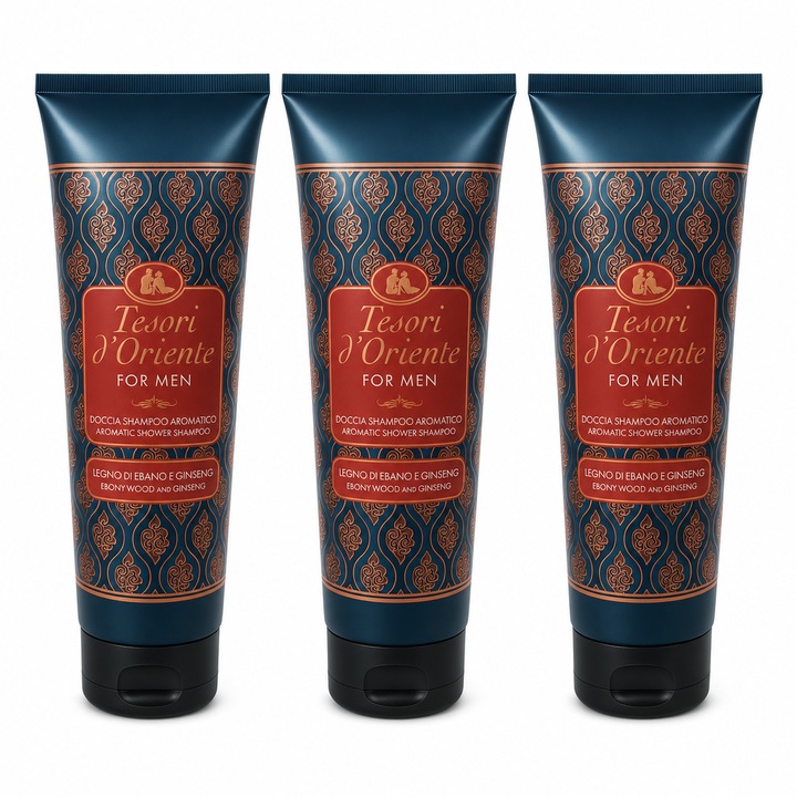 Set 3 x Tesori d’Oriente For Men, sampon si gel de dus aromatic, lemn de abanos si ginseng, 250 ml/buc