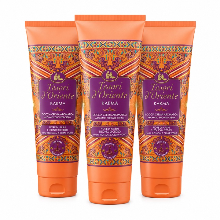 Set 3 x Tesori d’Oriente Karma, crema de dus aromatica, floare de Nashi si lemn de cedru, 250 ml/buc