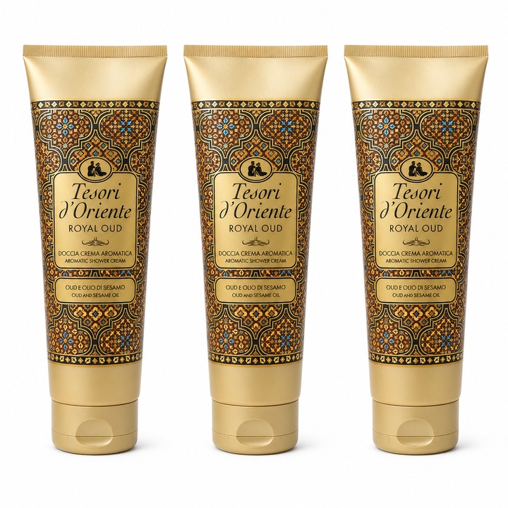 Set 3 x Tesori d’Oriente Royal Oud, crema de dus aromatica, Oud si ulei de susan, 250 ml/buc