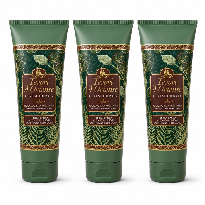 Set 3 x Tesori d’Oriente Forest Therapy, crema de dus aromatica, nufar alb si lemn de Hinoki, 250 ml/buc