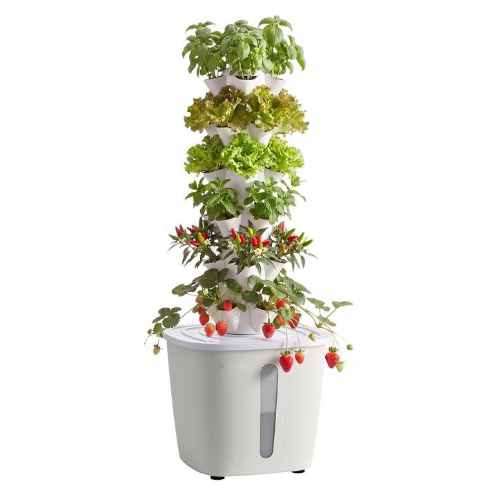 Turn hidroponic vertical, Sistem cultivare 30 ghivece 6 etaje, Control prin Aplicatie, Rezervor apa 20 l cu pompa, Kit gradina interioara ierburi fructe legume