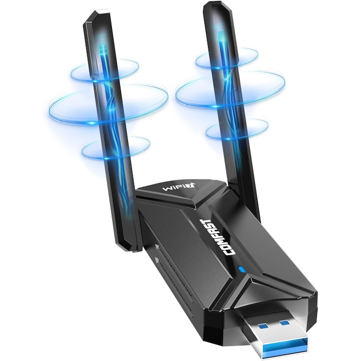 Stick WLAN USB COMFAST CF-983BE-1 WiFi 7, adaptor Wireless BE6500, viteza pana la 6500 Mbps, Tri-Band 2.4GHz/5GHz/6GHz, interfata USB, compatibil Windows 10/11, pentru Laptop si Desktop PC, negru