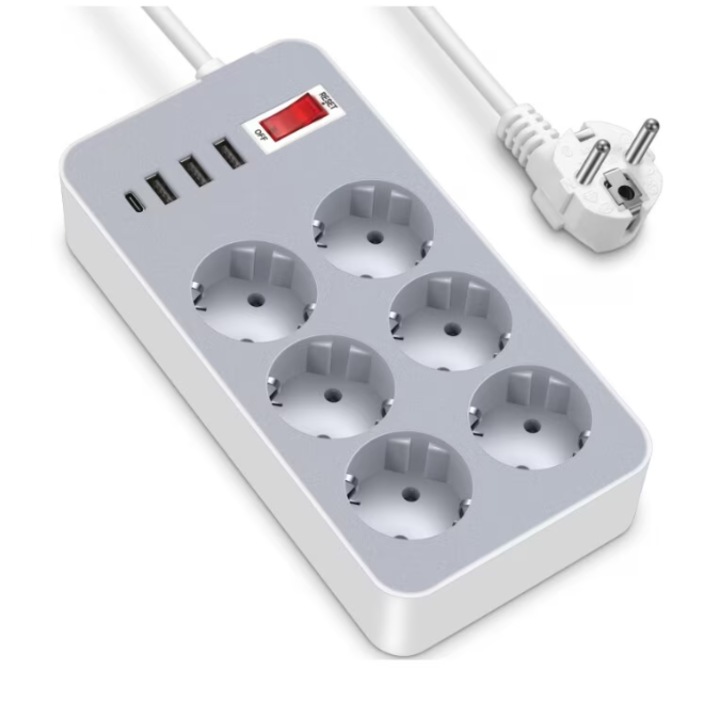 Prelungitor Multiplu cu 6 Prize si 4 Porturi USB (3x USB-A + 1x Type-C), Protectie la Suprasarcina, Cablu 1.2m, Ignifug, Alb