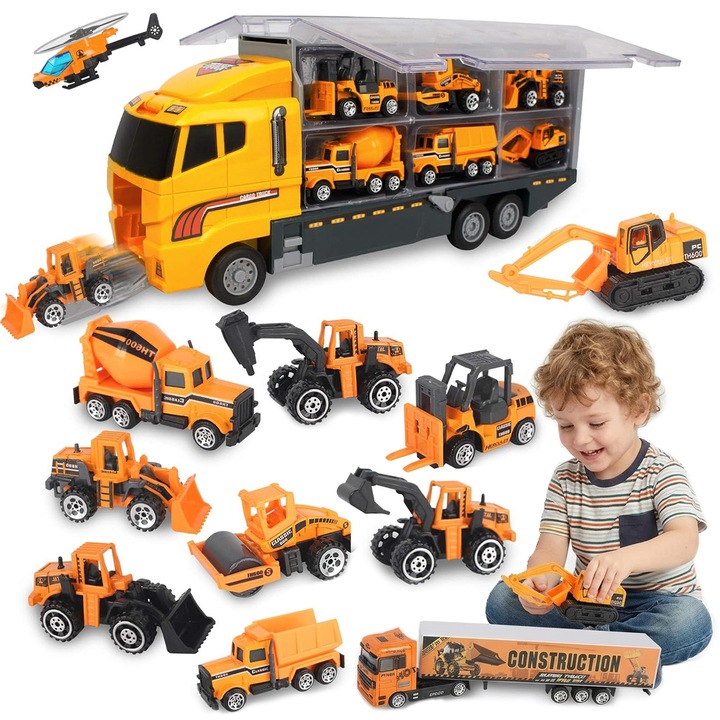 Set de masinute 12 in 1, echipamente de constructie, excavator, buldozer, mixer de beton, elicopter, galben, dimensiuni variate