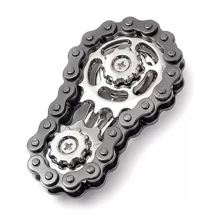 Spinner antistres premium din metal, model angrenaj bicicleta, giroscop pentru relaxare si concentrare, negru, 6 x 3.5 cm