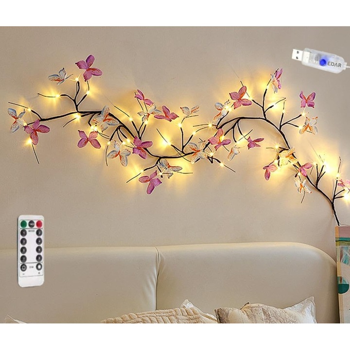 Ghirlanda Luminoasa LED EDAR Tip Creanga cu Frunze si Fluturi, 72 LED Alb Cald, 1.6m, Ramuri Flexibile, 8 Moduri Iluminare, Alimentare USB/Priza, Telecomanda Inclusa, Decor Interior, Multicolor