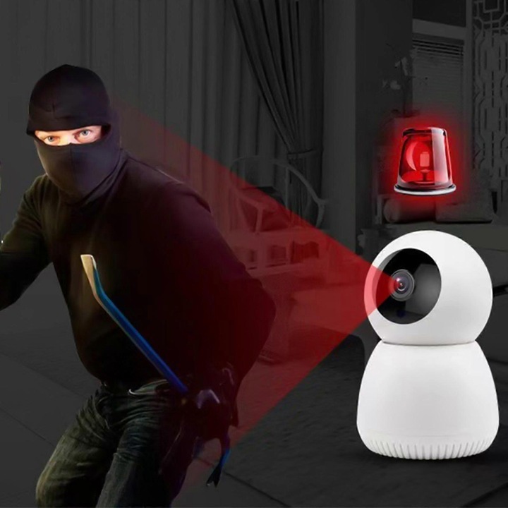 Вътрешна камера за наблюдение FRU-CJK0424-260918-160, HD 1080p, Wi-Fi 2.4GHz, PTZ 355°/90°, детекция на движение с автоматично проследяване, IR нощно виждане, двупосочно аудио, слот за microSD 8–128GB, бял