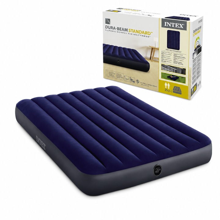 Intex Dura-Beam Fiber-Tech dupla felfújható matrac, 137 x 191 x 25 cm, velúr felület, 2 az 1-ben szelep, 272 kg teherbírás, sötétkék