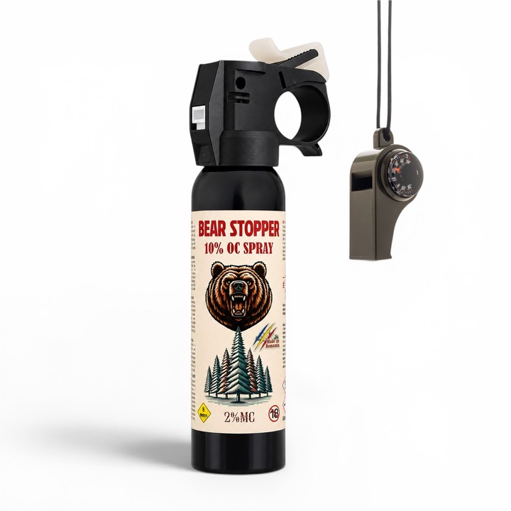 Spray cu Piper Anti Urs Bear Stopper 150 ml + Fluier 3 in 1 cu Busola si Termometru Inclus, Spray Autoaparare Profesional pentru Ursi, Caini, Lupi, Sacali si alte Animale Salbatice, Raza 8-10m, Ideal pentru Hiking, Camping, Pescuit si Activitati Outdoor