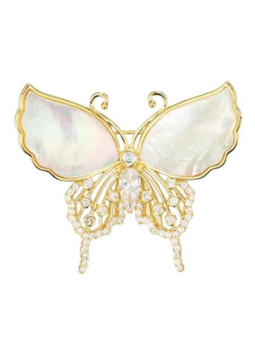 Brosa fluture din metal placat cu aur, cu insertii din sidef si cristale, stil vintage, auriu/ivoriu