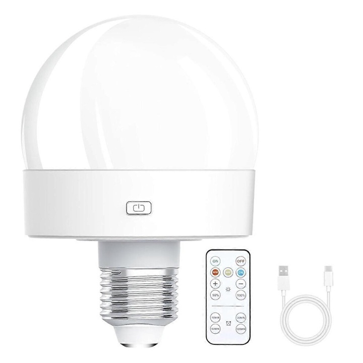 E26 újratölthető LED izzó, 350 lumen, fehér, 2.5 hüvelyk, távirányító