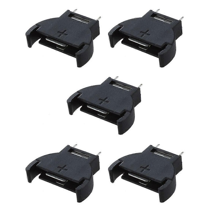 Set 5 suporturi baterii buton CR2032, plastic metal, negru, 23x20mm