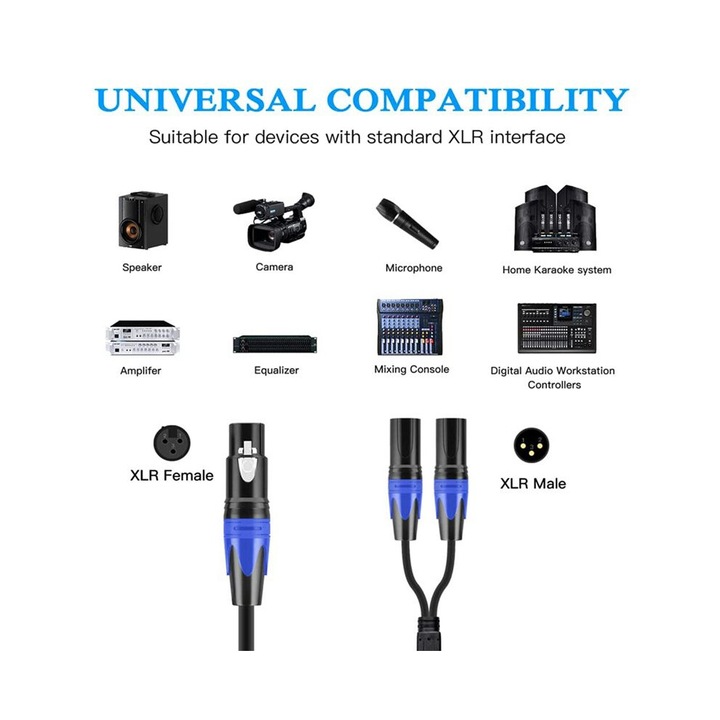 Cablu splitter XLR 1 femela 2 masculi, set 4 buc, negru, 30cm
