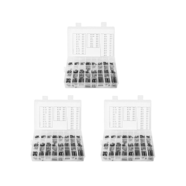 Set 280 pini arc din otel inoxidabil 304, diverse dimensiuni, argintiu, cutie organizatoare