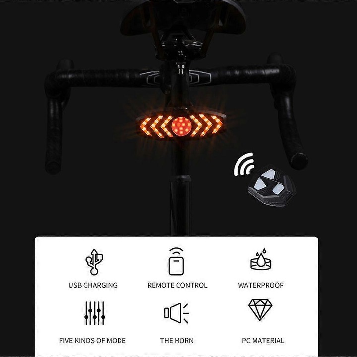 Lumina spate bicicleta cu semnalizare wireless, 5 moduri, negru, 9.5x3.5cm