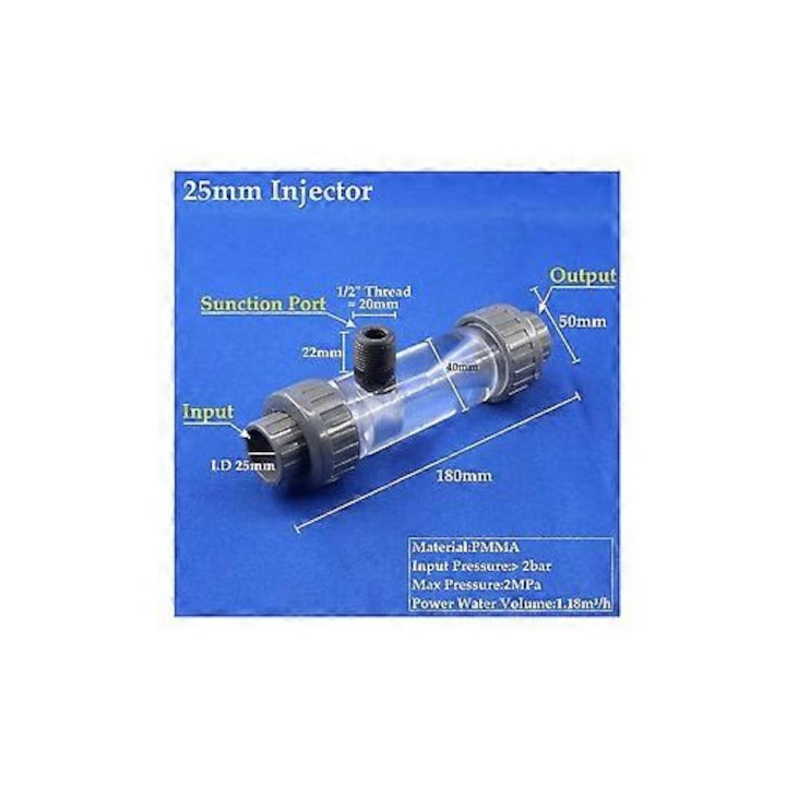 Injector apa acrilic transparent 25mm pentru irigare si fertilizare
