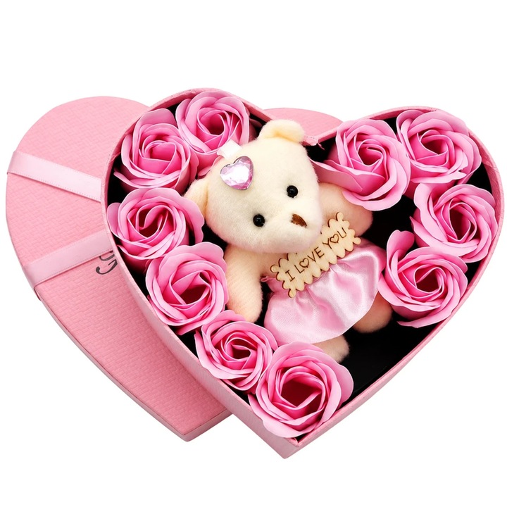 Cutie Cadou Flower Box cu Trandafiri din Sapun, Parfumati, Aranjament Floral Inima, Plus Ursulet "I Love You", Decoratiune Eleganta Roz, Dimensiuni 17x15.5x4 cm