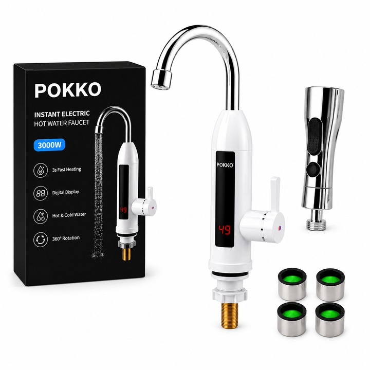 Robinet electric instant POKKO pentru apa calda, 3000W, afisaj digital temperatura, apa calda/rece, pipa rotativa 360°, IPX4, alb