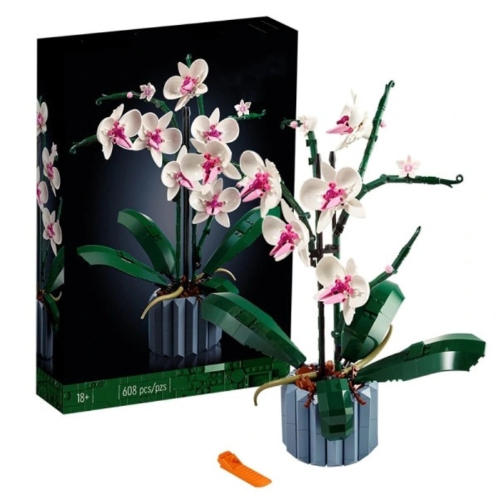 Set orhidee artificiala decorativa, 6 flori mari, 2 flori deschise, vas flutat, multicolor