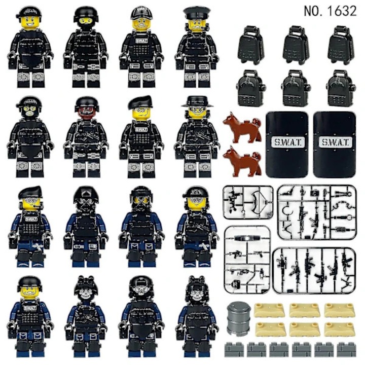 16 darabos készlet, SWAT katonai összeállítható figurák, ABS, 4.5 cm, fekete/kék, 6+ éves gyermekeknek