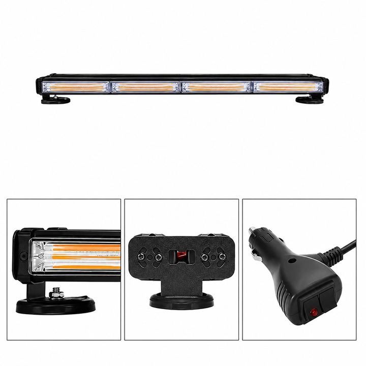 Rampa Girofar LED 60 cm Dubla, AutoREY®, Bara Lumini Avertizare 96W, Girofar Auto 12V-24V cu Magneti Puternici, Stroboscop Galben cu Multiple Moduri Iluminare, Vizibilitate Ridicata Zi si Noapte, Ideala pentru Camioane, Tractoare, Vehicule Speciale
