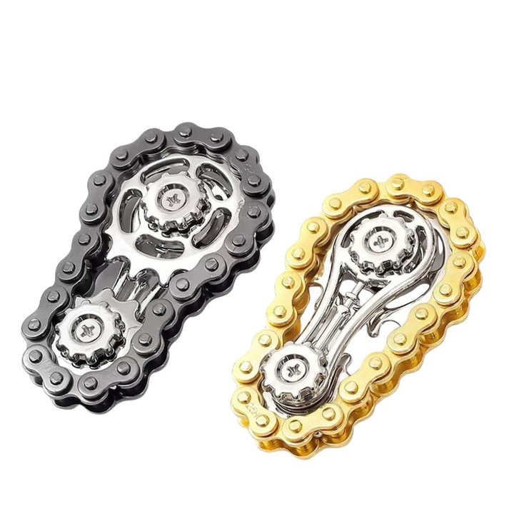 Set 2 jucarii antistres tip giroscop din aliaj metalic, combinatie negru si auriu, forma lant angrenaj bicicleta, 6 x 3.5 cm