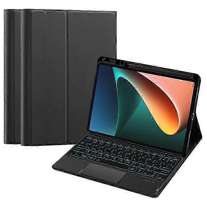 Tablettok megvilágított Bluetooth billentyűzettel, érintőpaddal, állvánnyal és ceruzatartóval, fekete, univerzális, 10x25x2cm