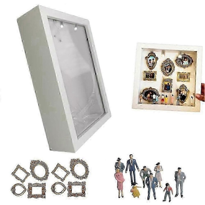 Kit DIY cutie mini-muzeu cu silueta, din lemn si rasina, 8 rame mini aurii, 10 figurine miniatura, Alb, 25 x 25 cm, 1 set