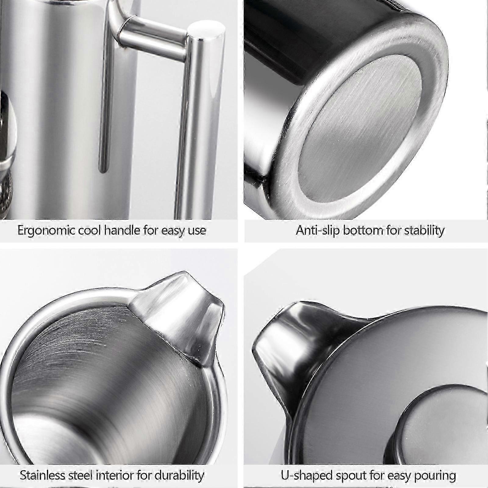 Cafetiera French press din otel inoxidabil izolata, 1000 ml, argintiu, K0255-0810-CDCJ55361