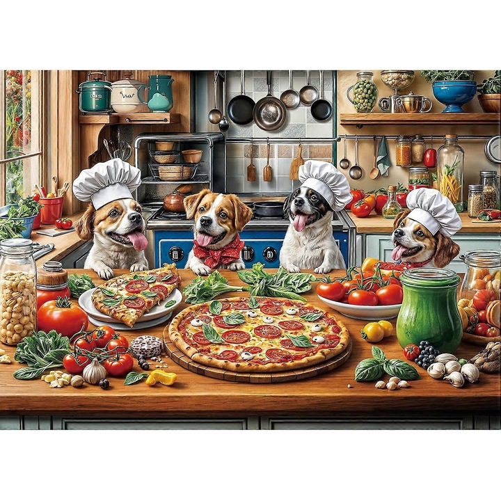 Puzzle 1000 darabos, kutyás és pizzás téma, újrahasznosított karton, 70x50cm