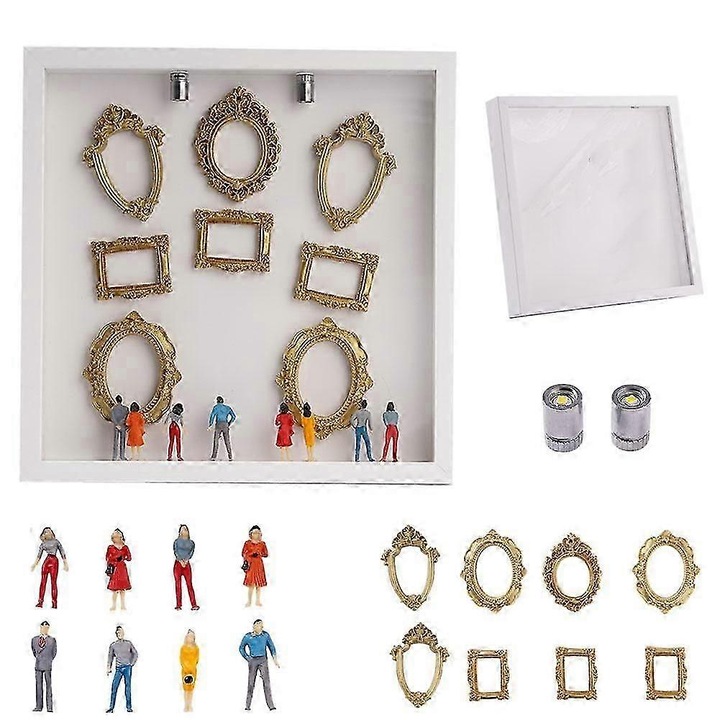 DIY mini múzeum sziluett készlet, fa és ABS kijelző doboz, 8 arany mini képkeretet és 8 miniatűr figurát tartalmaz, könnyen összeszerelhető, 25 x 25 cm, fehér/arany, 1 szett