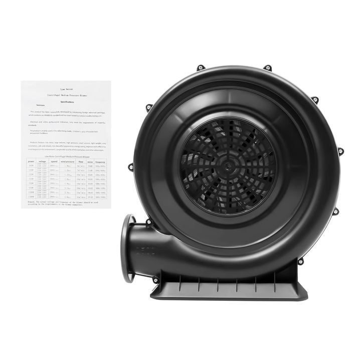 Felfújó ventilátor, Elektromos ventilátor, 250 W, 420 m³/h, 1100 Pa, 220 V, EU csatlakozó, 2800 ford./perc, Fekete