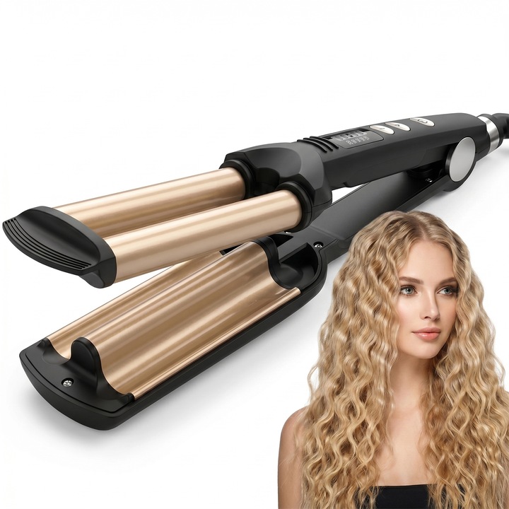 Qtenzivize® 3 csöves hajgöndörítő, Hajhullámosító lap, Természetes hullámok, 5 hőmérsékletfokozat 120–200°C, Kerámia bevonat, Ionos technológia, Gyors PTC fűtés, Fekete-Arany