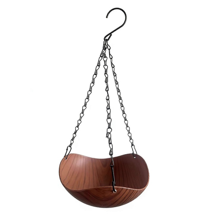 Baie pentru pasari suspendata, bol texturat lemn, lanturi metalice, maro, 25x20cm
