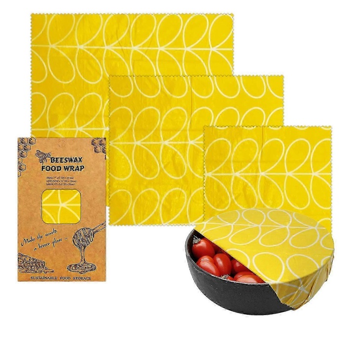 Set 3 folii reutilizabile din ceara de albine, ecologice, pentru alimente, multicolor, diverse dimensiuni