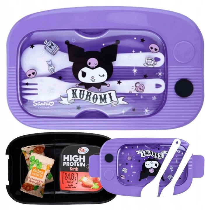 Ebéddoboz készlet, Coolpack, Kuromi, Evőeszközökkel, BPA-mentes Kivehető Rekesz, Légmentesen Záródó Edény, Mikrohullámú Sütőbe Helyezhető Evőeszközök és Átlátszó Rész Nélkül, Iskolás Gyerekeknek, 20x13x7 cm, Lila