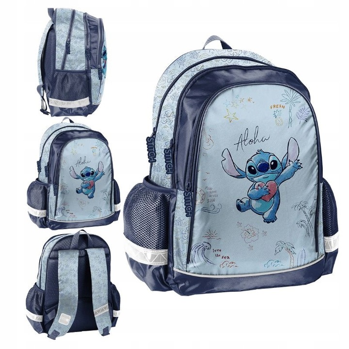 Iskolatáska, Paso, Stitch Blue Aloha, Ergonomikus Kényelmes Profilozott Hátlap, Három Független Rekesz, Vízálló Anyag, Fényvisszaverők a Biztonságért, Gyerek Iskolatáska Minőség, 38x28x15 cm, Kék