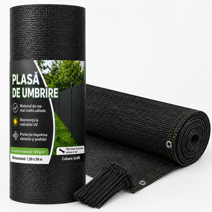 Plasa de Umbrire pentru Gard 1, 5x50m, 95% Grad de Umbrire, Protectie Solara si Vant, HDPE 180g/mp, Paravan Intimitate pentru Curte, Balcon si Terasa, Rezistenta UV, Negru Grafit, 100 Coliere Cadou