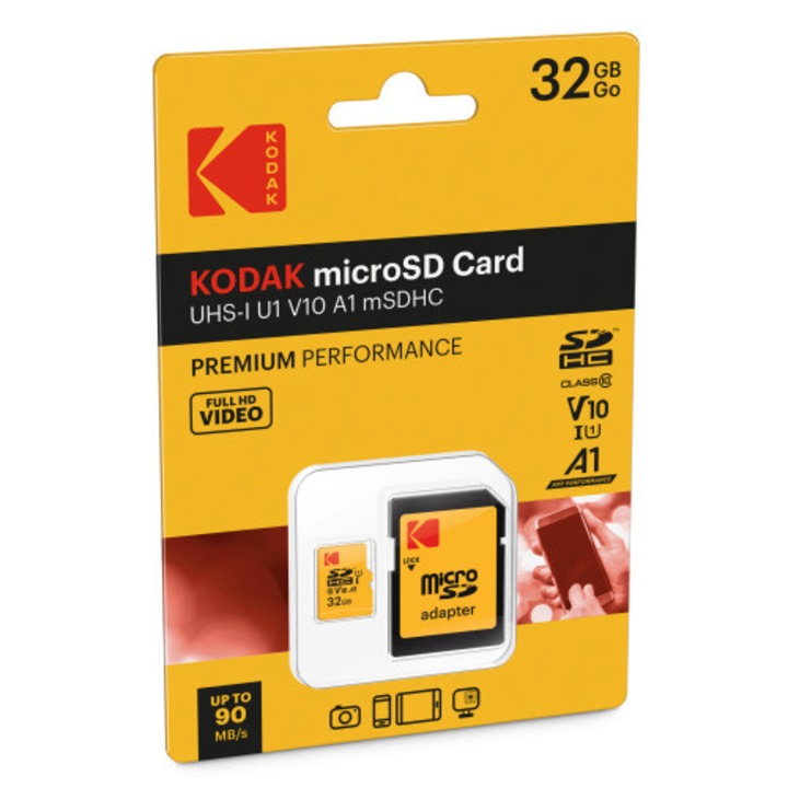 Card de memorie Kodak Premium Performance microSD 32 GB, UHS-I V10 U1 Clasa 10, include adaptor SD