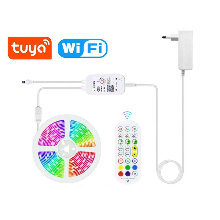 RGB LED szalag készlet 12V - 24V, Smart Tuya Wi-Fi 10m hangvezérléssel és zene szinkronizálással