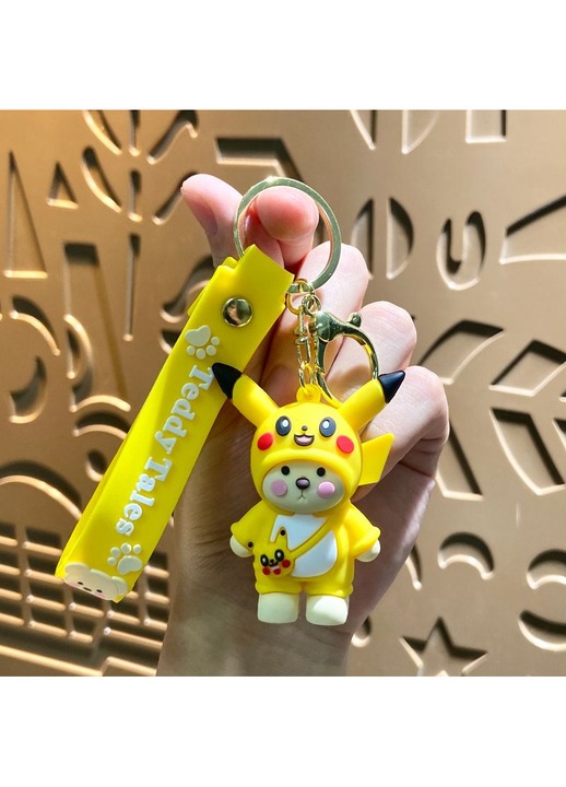 Breloc amuzant din PVC, urs si Pikachu, multicolor, 7x4cm