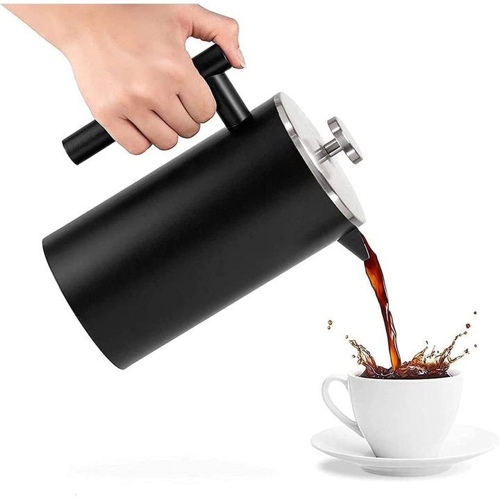 French Press kávéfőző, duplafalú rozsdamentes acél, fekete, 24x17x12cm, 1000ml
