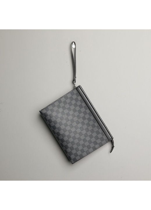 Unisex clutch táska, kockás mintás, nagy kapacitású, fekete, 28x18x3cm