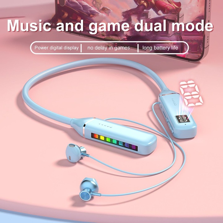 Vezeték nélküli nyakpántos RGB fülhallgató, Bluetooth 5.3, 500mAh akkumulátor, kék