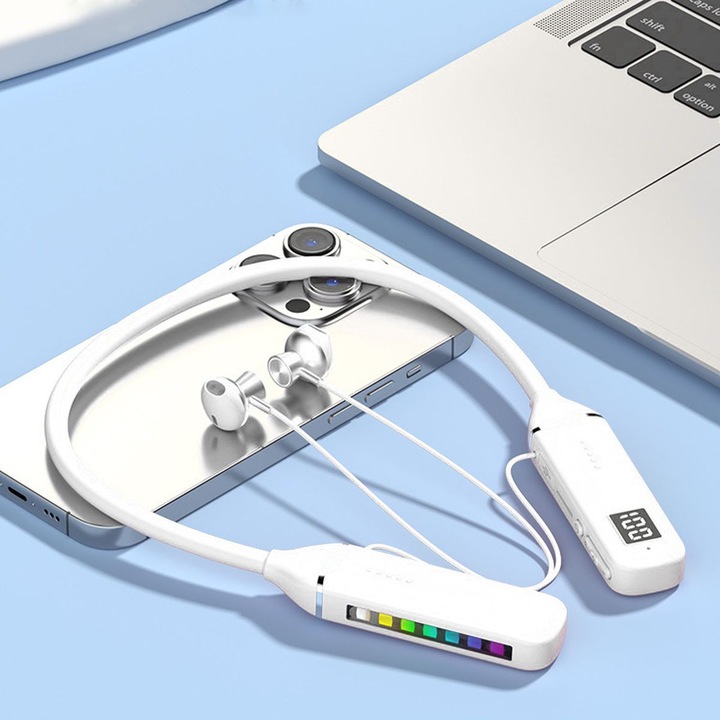 Casti neckband Bluetooth RGB, 14mm, fehér, 500mAh, IPX5, 15m