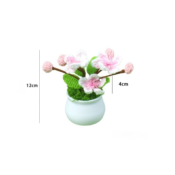 Műnövény cserépben, kézzel horgolt, rózsaszín virágok, 12cm