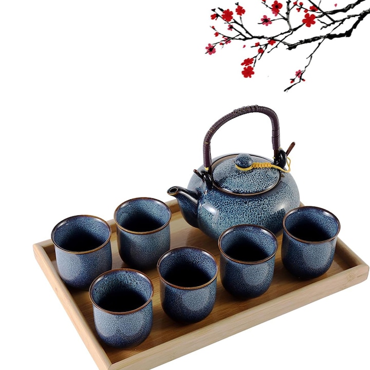 Set 7 cani ceramice stil japonez, Omelivon, Cani si cesti, Ceramica, rezistente la temperaturi inalte,1x 700 ml, 6x 140 ml, （Nu include tava de lemn）, Multicolor