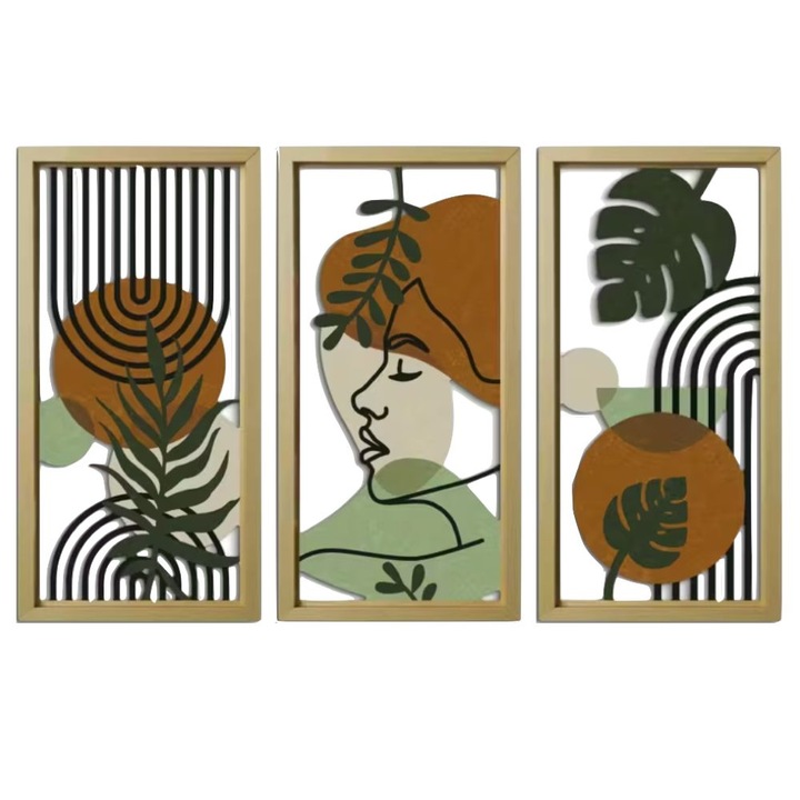 Комплект от 3 стенни картини, абстрактен бохо дизайн, зелен, 39.6x20.3см